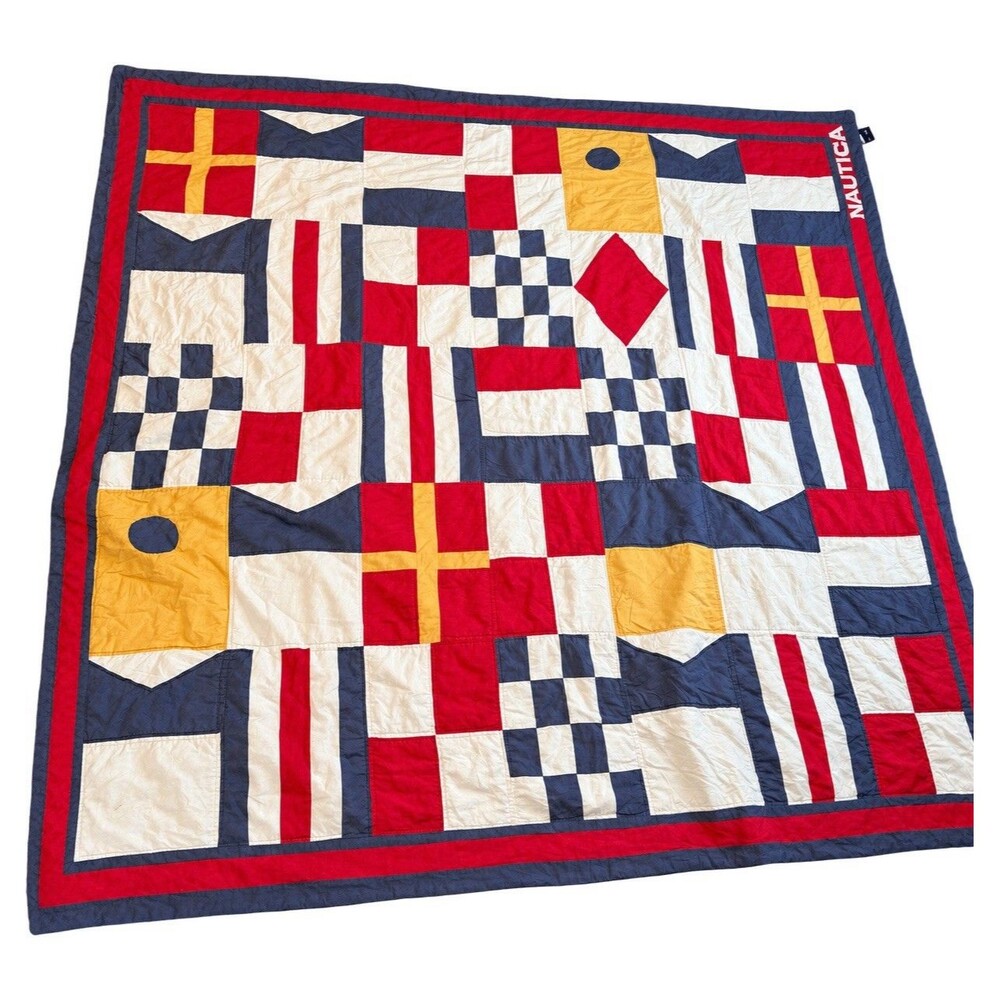 Vintage Nautica Color Block Maritime Flag Logo Reversible Patchwork Quilt 86x86